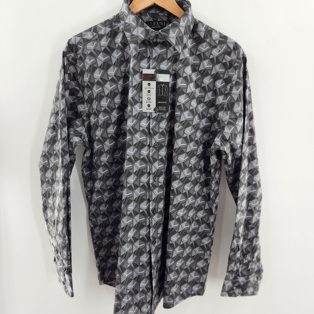 Alfani Gray Geometric Long Sleeve Dress Shirt Mens Large